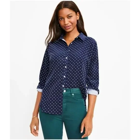 Loft Navy Dotted Button Up Long Sleeve Corduroy Everyday Shirt S Normcore Preppy - Picture 4 of 8